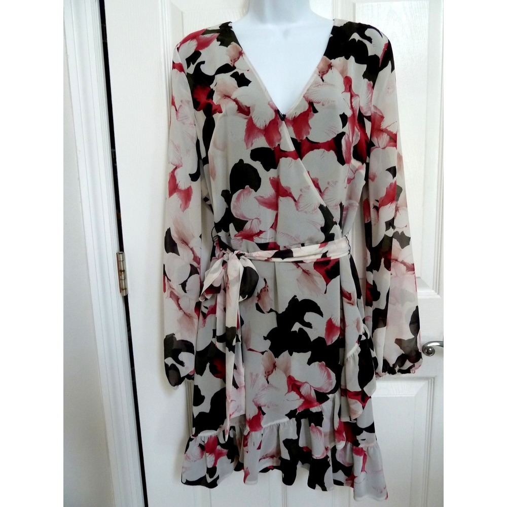 1.STATE Womens Sz 10 Floral Ruffled Chiffon Mini Dress Sheer Balloon Sleeve Pink